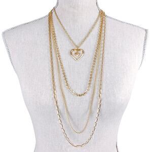 Vintage Gold Tone Long Layered Multi Chain Necklace with Heart Pendant Box Clasp